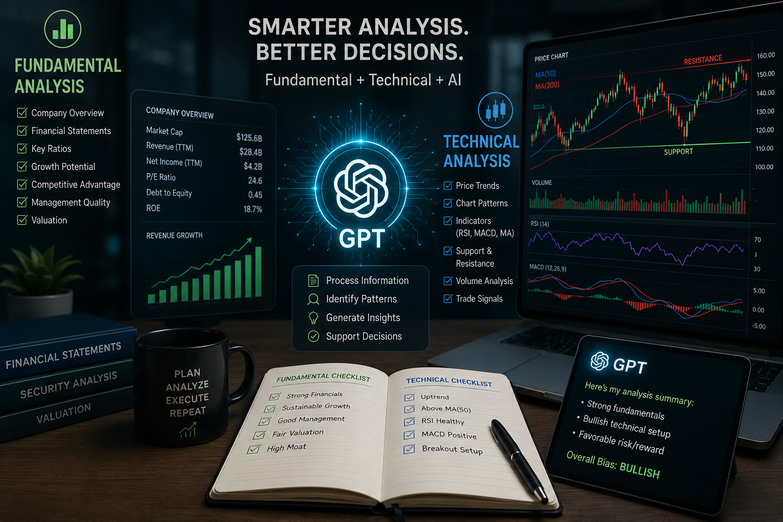 Premium stock analysis visual combining fundamentals, technical charting, and GPT insights