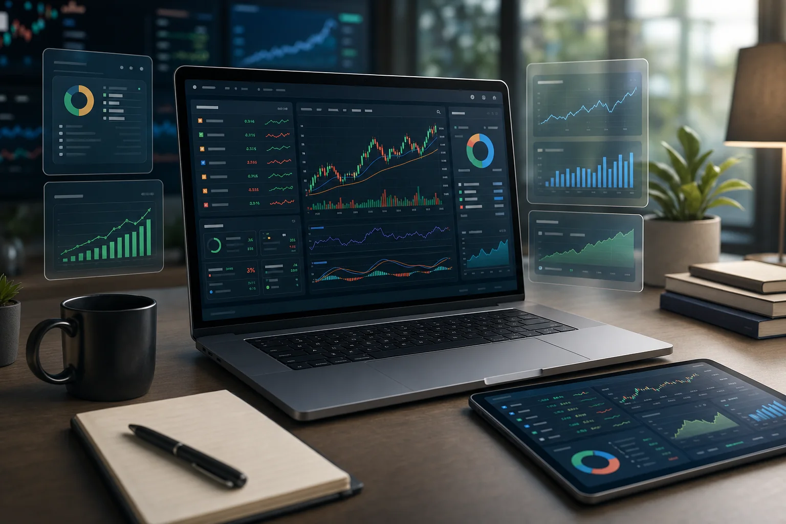 Modern stock analysis workspace with live market dashboard panels
